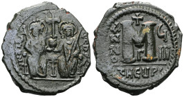 Justin II and Sophia, AE, Follis. (Bronze) Theoupolis (Antioch). 565-578 AD.Obv: Justin II and Sophia nimbate and seated on lyre-backed throne. Justin...