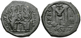 ByzantineJustin II with Sophia (565-578) AE Follis (Bronze) 565-578 AD. Antioch, year 8.Obv: blundered legend with Justin left, Sophia right nimbate, ...