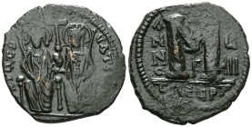 ByzantineJustin II and Sophia AD 565-578. Dated RY 9=AD 573/4. Theoupolis (Antioch) Follis Æ . Justin and Sophia seated facing on double throne, holdi...