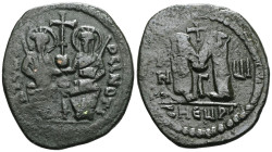 ByzantineJustin II and Sophia AD 565-578. Dated RY 9=AD 573/4. Theoupolis (Antioch) Follis Æ . Justin and Sophia seated facing on double throne, holdi...