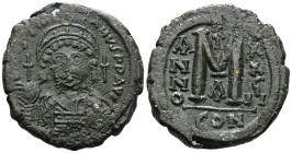 Byzantine coinsJustinian I (527-565) AE Follis (Bronze) Constantinopolis, RY 25 = 551/2.Obv: D N IVSTINIANVS P P AVI Helmeted, diademed and cuirassed ...