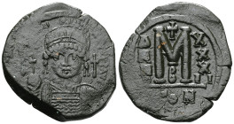 Byzantine coinsJustinian I (527-565) AE Follis (Bronze) Constantinopolis, RY 25 = 551/2.Obv: D N IVSTINIANVS P P AVI Helmeted, diademed and cuirassed ...