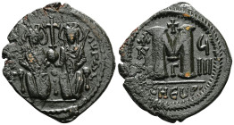 Justin II and Sophia, AE, Follis. (Bronze) Theoupolis (Antioch). 565-578 AD.Obv: Justin II and Sophia nimbate and seated on lyre-backed throne. Justin...