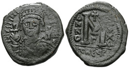 Justinian I, (A.D. 527-565), AE follis, Antioch as Theoupolis mint, issued 560-561, officina G, obv. Justinian bust facing, rev. M, X/X/IIII to right,...