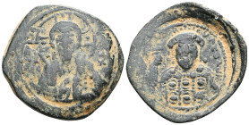 ByzantineMichael VII Ducas, AE, Follis (Bronze) Constantinople. 1071-1078 AD. Obv: [MIXAHΛ RACIΛ O Δ], Frontal bust of Michael VII Ducas, bearded, wea...