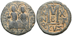 Justin II and Sophia, AE, Half Follis. (Bronze) Cyzicus. 565-578 AD.Obv: DN IVSTINVS PP A[VG], Justin II and Sophia nimbate and seated on lyre-backed ...
