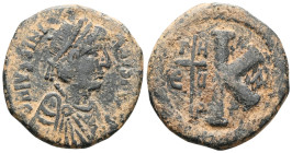 ByzantineJustinian I, 527-565. Half Follis (Bronze), Theoupolis (Antiochia), 533-537. D N IVSTINIANVS P P AVG Diademed, draped and cuirassed bust of J...
