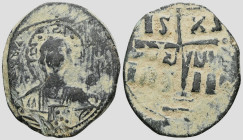 ByzantineAnonymous attributed to Romanus III (1028-1034 AD). ConstantinopleAE Bronze Obv: + ЄMMANOVHΛ - nimbate bust of Christ facing, square in each ...