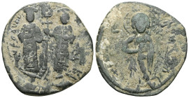 Constantine X Ducas, AE, Follis (Bronze) Constantinople. 1059-1067 AD.Obv: + EM[MA] NO[VHA], Christ standing facing on footstool, wearing nimbus and h...