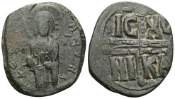 Anonymous, attributed to Michael IV (1034-1041) AE Follis (Bronze) ConstantinopleObv: +EMMANOVH? IC - XC, Three-quarter length figure of Christ Antiph...