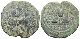 Justin II, with Sophia (565-578) AE follis (Bronze) Theoupolis (Antioch) mint Dated RY 7 (571/572).Obv: Justin and Sophia seated facing on double thro...