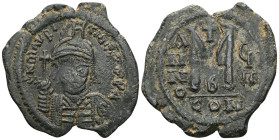 Maurice Tiberius (582-602) AE Follis (Bronze) Constantinople RY 8 = 589/90.Obv: D N MAVRC TIbЄR P P AVG, helmeted and cuirassed facing bust of Maurice...