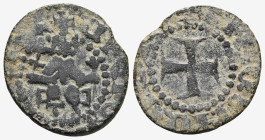 ARMENIA, Cilician Armenia. Royal . Guy (Gosdantin II). 1342-1344. Æ Pogh . Guy seated facing on throne, holding lis and crucifix / Cross pattée over s...
