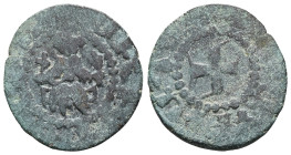 ARMENIA, Cilician Armenia. Royal . Guy (Gosdantin II). 1342-1344. Æ Pogh . Guy seated facing on throne, holding lis and crucifix / Cross pattée over s...