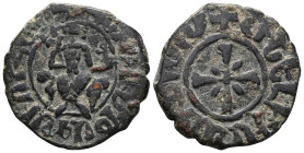 ARMENIA, Cilician Armenia. Royal . Guy (Gosdantin II). 1342-1344. Æ Pogh . Guy seated facing on throne, holding lis and crucifix / Cross pattée over s...
