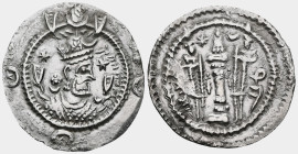 SASANIAN KINGDOM. Khusru (Husrav) II (AD 591-628). AR drachm Draped bust of Khusru II right, wearing earring and mural crown with frontal crescent, tw...
