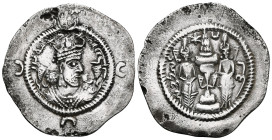 SASANIAN KINGDOM. Khusru (Husrav) II (AD 591-628). AR drachm Draped bust of Khusru II right, wearing earring and mural crown with frontal crescent, tw...