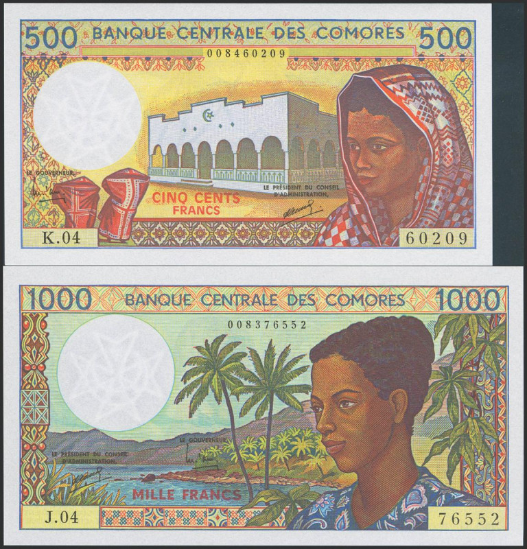 Set of banknotes of Comoros of 500 Francs and 1000 Francs. (1986ca). (Pick: 10, ...
