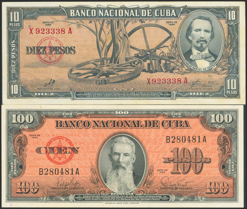 CUBA. 10 Pesos and 100 Pesos. (1959ca). (Pick: 88c, 91a). Uncirculated / Extreme...