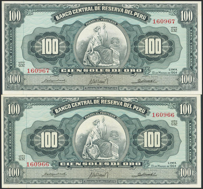 PERU. 100 Soles. Pair correlative. 13 May 1964. (Pick: 86). Less than Uncirculat...