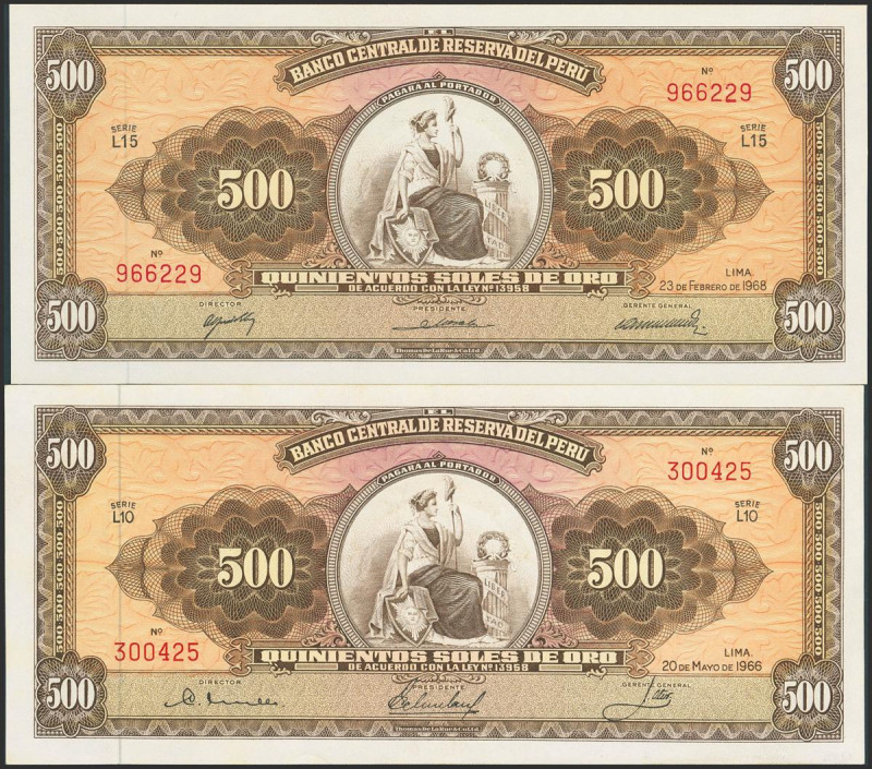 Set of 2 banknotes of Peru of 500 Soles. 20 May 1966 and 23 February 1968. (Pick...