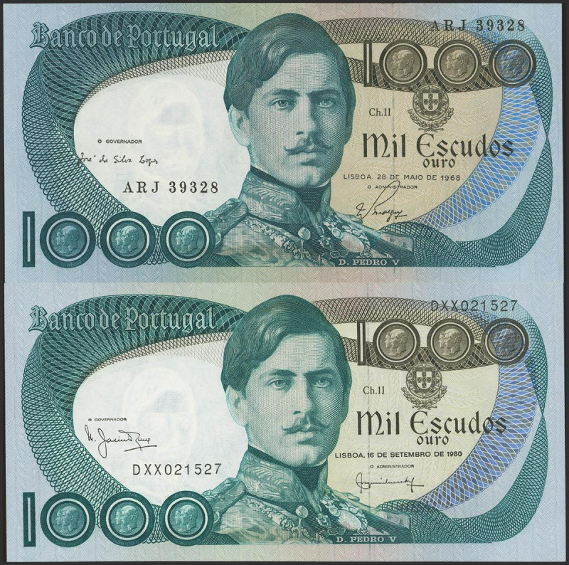 Set of 2 banknotes of Portugal of 1000 Escudos. 28 May 1968 and 16 September 198...