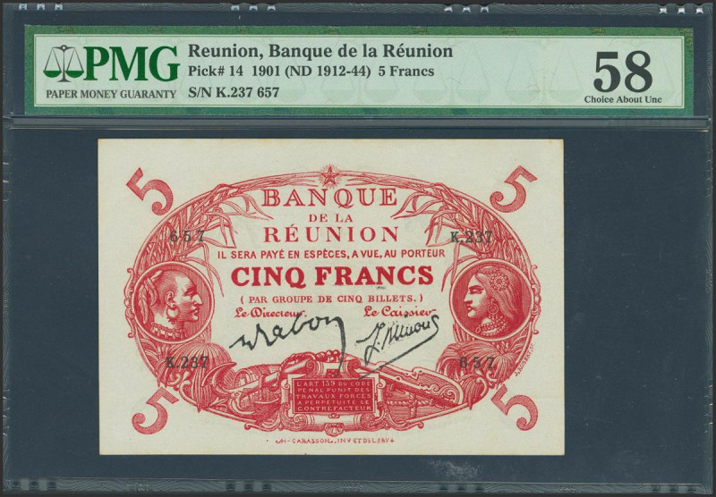 REUNION. 5 Francs. (1912ca). (Pick: 14). PMG58.