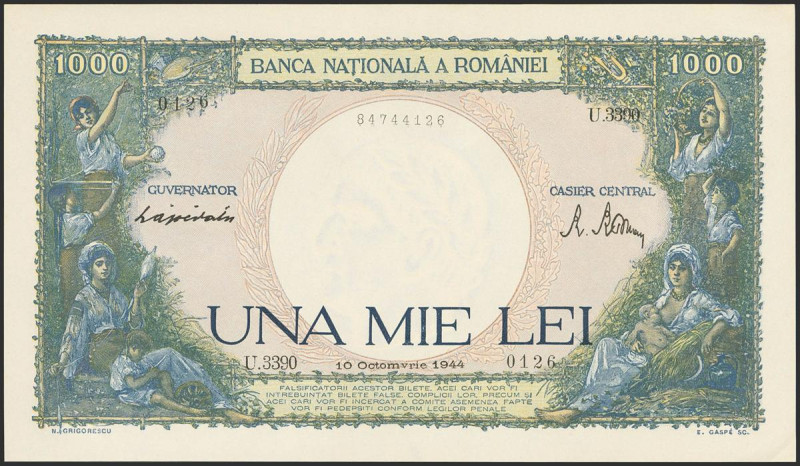 ROMANIA. 1000 Lei. 10 October 1944. (Pick: 52). Less than Uncirculated.