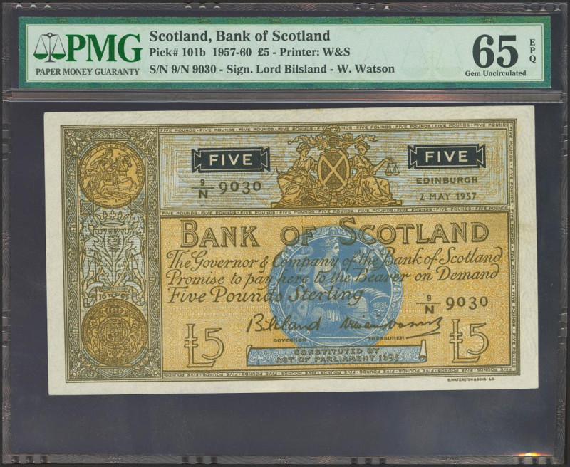 SCOTLAND. 5 Pounds. 2 May 1957. (Pick: 101b). PMG65EPQ.