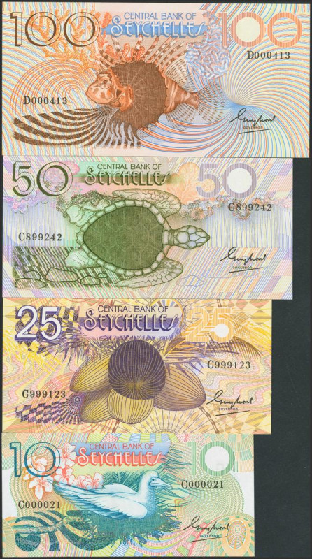 Set of 4 banknotes of Seychelles of 10 Rupees, 25 Rupees, 50 Rupees and 100 Rupe...
