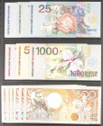 Set of 12 banknotes of Suriname of 5 Gulden, 10 Gulden, 25 Gulden, 100 Gulden, 250 Gulden and 500 Gulden. 9 January 1988. (Pick: 130, 131, 132, 133, 1...