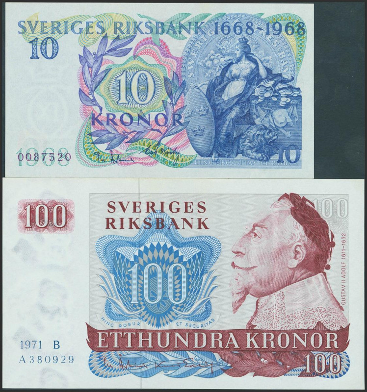 Set of 2 banknotes of Sweden of 10 Kronor and 100 Kronor. (1971ca). (Pick: 54b, ...