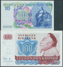 Set of 2 banknotes of Sweden of 10 Kronor and 100 Kronor. (1971ca). (Pick: 54b, 56). Less than Uncirculated.