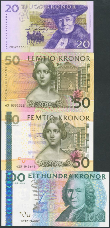 Set of 4 banknotes of Sweden of 20 Kronor, 50 Kronor (2) and 100 Kronor. (2003ca...