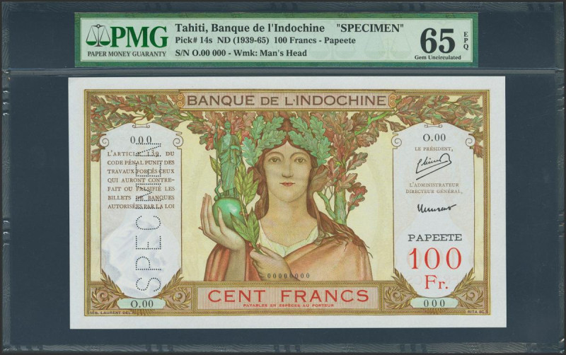 THAITI. 100 Francs. (1939ca). SPECIMEN and numeration 00000. (Pick: 14s). Very r...