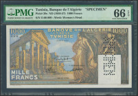TUNISIA. 1000 Francs. (1950ca). SPECIMEN and numeration 00000. (Pick: 29s). Extremely rare, especially in this exceptional quality. PMG66EPQ.