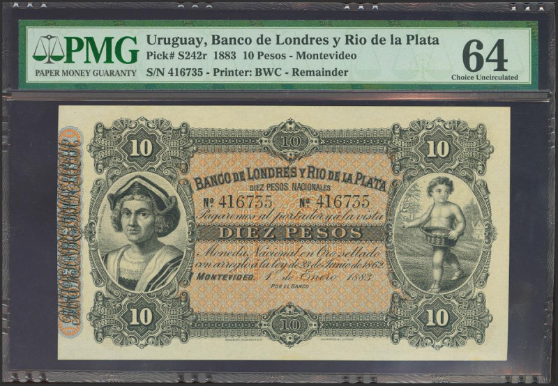 URUGUAY. 10 Pesos. 1 January 1883. Remainder. (Pick: S242r). PMG64.