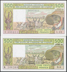 Set of 2 banknotes of West African States of 500 Francs. (1983ca). (Pick: 405Di, 706Kh). Less than Uncirculated / Uncirculated.