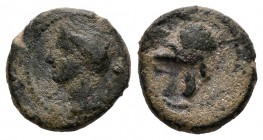 Cartagonova. 1/4 calco. 220-215 a.C. Cartagena (Murcia). (Abh-521). Anv.: Cabeza de Tanit. Rev.: Casco. Ae. 1,72 g. BC+. Est...25,00.