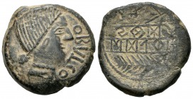 Obulco. As. Mitad del siglo II a.C. Porcuna (Jaén). (Abh-1794). (Acip-2203). (C-26). Anv.: Cabeza femenina a derecha, delante OBVLCO. Rev.: Arado y es...