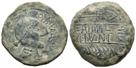 Obulco. As. Último tercio del siglo II a.C. Porcuna (Jaén). (Abh-1810). (Acip-2225, como rareza 9). (C-47). Anv.: Cabeza femenina a derecha sin marcas...