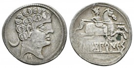 Sekobirikes. Denario. 120-30 d.C. Saelices (Cuenca). (Abh-2168). (Acip-1869). (C-5). Anv.: Cabeza masculina a derecha, detrás creciente, debajo letra ...