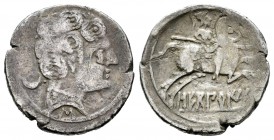 Sekobirikes. Denario. 120-30 d.C. Saelices (Cuenca). (Abh-2168). (Acip-1869). (C-5). Anv.: Cabeza masculina a derecha, detrás creciente, debajo letra ...