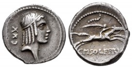 Calpurnia. Denario. 64 a.C. Roma. (Ffc-418). (Cal-342o). Anv.: Cabeza laureada de Apolo a derecha, detrás número CXX. Rev.: Jinete con cabeza desnuda,...