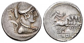 Carisia. Denario. 46 a.C. Roma. (Ffc-538). (Craw-464/5). (Cal-378). Anv.: Busto alado de la Victoria a derecha, detrás S C. Rev.: Victoria con corona ...