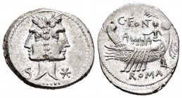 Fonteia. Denario. 114-113 a.C. Sur de Italia. (Ffc-713). (Craw-290/1). (Cal-585). Anv.: Cabeza bifronte de Jano entre S y estrella. Rev.: Galera con t...