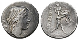 Herennia. Denario. 108-107 a.C. Sur de Italia. (Ffc-743). (Craw-308-1 a). (Cal-615). Anv.: Cabeza diademada de la Piedad a derecha, delante X, detrás ...