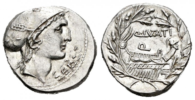 Lutatia. Denario. 109-108 a.C. Sureste de Italia. (Ffc-828). Anv.: Cabeza de Apo...