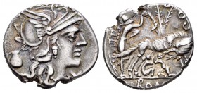 Pompeia. Denario. 137 a.C. Italia Central. (Ffc-1019). Anv.: Cabeza de Roma a derecha, delante X, detrás vaso. Rev.: Loba a derecha amamantando a Rómu...