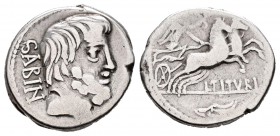 Tituria. Denario. 89 a.C. Roma. (Ffc-1147). (Craw-344/3). (Cal-1304). Anv.: Cabeza del rey Tatius a derecha, detrás SABIN. Rev.: Victoria con corona e...